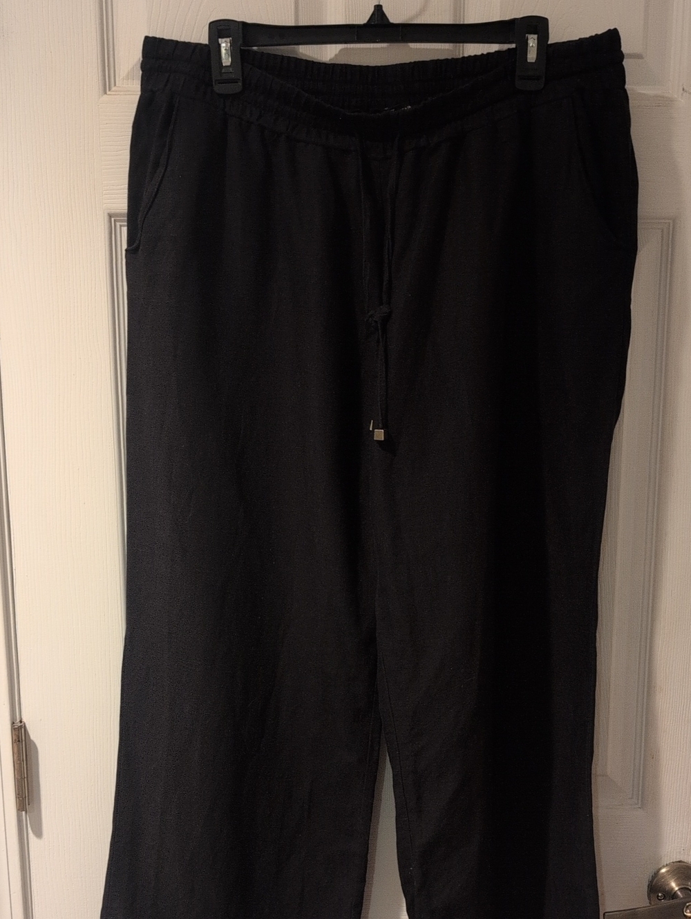 Linen Blend Women's Black Drawstring Wide leg Pants